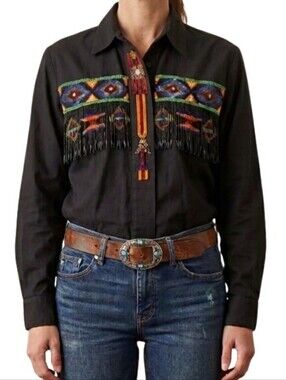 Vintage LEW MAGRAM Western Beaded Aztec Button Down Shirt